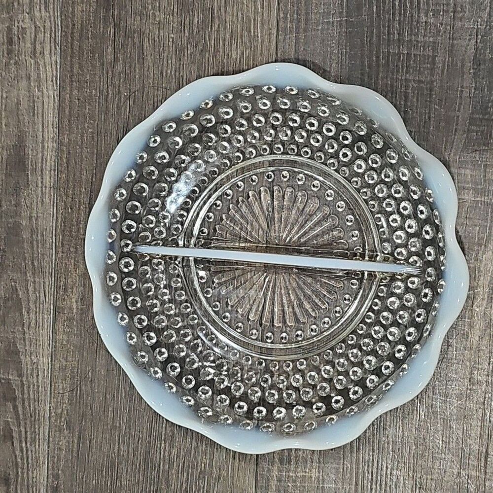 Vtg Anchor Hocking Hobnail French White Opalescent Moonstone Divided Dish Candy